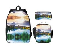SDFCUMDM Mountain Lake View Sunny Day Nature Print Cartable + Trousse + Sac à déjeuner Combinaison pour un usage quotidien, Noir , Taille unique