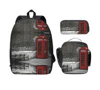 SDFCUMDM Phone Booth in London Streets Print Cartable + Trousse + Sac à déjeuner Combinaison pour un usage quotidien, Noir , Taille unique