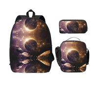 SDFCUMDM Planet Print Cartable + Trousse + Sac à Déjeuner Combiné pour le Quotidien, Noir , Taille unique