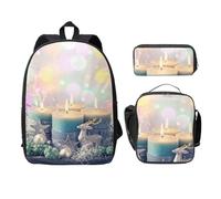 SDFCUMDM Sac d'école avec imprimé bougie Merry Christmas + trousse + sac à déjeuner pour un usage quotidien, Noir , Taille unique