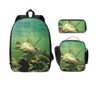 SDFCUMDM Sac d'école avec imprimé poisson-chat sous-marin + trousse + sac à déjeuner pour un usage quotidien, Noir , Taille unique