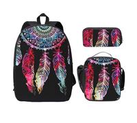 SDFCUMDM Sac d'école coloré avec attrape-rêves + trousse + sac à déjeuner pour un usage quotidien, Noir , Taille unique