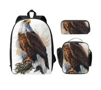 SDFCUMDM Sac d'école imprimé aigle assis dans l'arbre + trousse + sac à déjeuner pour un usage quotidien, Noir , Taille unique