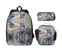 SDFCUMDM Sac d'école imprimé animaux hyena + trousse + sac repas combinaison pour tous les jours, Noir , Taille unique