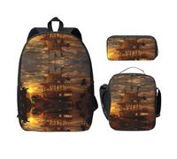 SDFCUMDM Sac d'école imprimé bateau au crépuscule + trousse + sac à déjeuner pour un usage quotidien, Noir , Taille unique