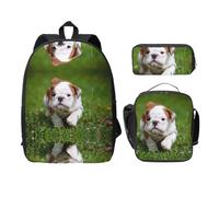 SDFCUMDM Sac d'école imprimé bouledogue anglais + trousse + sac à déjeuner pour un usage quotidien, Noir , Taille unique