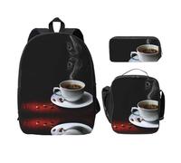 SDFCUMDM Sac d'école imprimé café chaud grain de café + trousse + sac à déjeuner combiné pour un usage quotidien, Noir , Taille unique