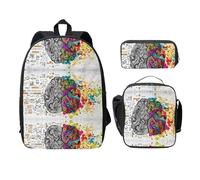 SDFCUMDM Sac d'école imprimé cerveau gauche et droit + trousse + sac à déjeuner pour un usage quotidien, Noir , Taille unique