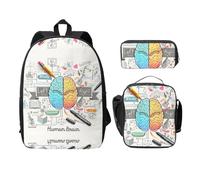 SDFCUMDM Sac d'école imprimé cerveau humain + trousse à crayons + sac déjeuner combinaison pour un usage quotidien, Noir , Taille unique