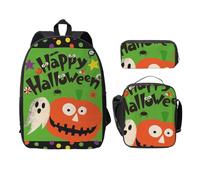 SDFCUMDM Sac d'école imprimé Happy Halloween + trousse + sac à déjeuner pour un usage quotidien, Noir , Taille unique