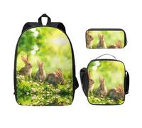 SDFCUMDM Sac d'école imprimé lapins sur herbe + trousse + sac à déjeuner pour un usage quotidien, Noir , Taille unique