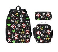 SDFCUMDM Sac d'école imprimé Merry Christmas + trousse + sac à déjeuner pour un usage quotidien, Noir , Taille unique