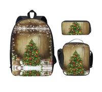 SDFCUMDM Sac d'école imprimé Merry Christmas + trousse + sac à déjeuner pour un usage quotidien, Noir , Taille unique