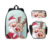 SDFCUMDM Sac d'école imprimé Merry Christmas + trousse + sac à déjeuner pour un usage quotidien, Noir , Taille unique