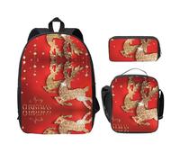 SDFCUMDM Sac d'école imprimé Merry Christmas + trousse + sac à déjeuner pour un usage quotidien, Noir , Taille unique