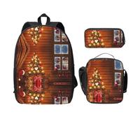 SDFCUMDM Sac d'école imprimé Merry Christmas + trousse + sac à déjeuner pour un usage quotidien, Noir , Taille unique