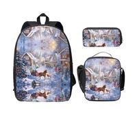 SDFCUMDM Sac d'école imprimé Merry Christmas + trousse + sac à déjeuner pour un usage quotidien, Noir , Taille unique