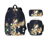 SDFCUMDM Sac d'école imprimé notes de musique + trousse + sac à déjeuner pour un usage quotidien, Noir , Taille unique