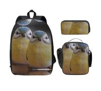 SDFCUMDM Sac d'école imprimé oiseau drôle + trousse + sac à déjeuner combinaison pour un usage quotidien, Noir , Taille unique