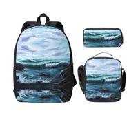 SDFCUMDM Sac d'école imprimé paysage marin bleu + trousse + sac à déjeuner pour un usage quotidien, Noir , Taille unique