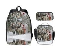 SDFCUMDM Sac d'école imprimé Père Noël + trousse + sac à déjeuner pour un usage quotidien, Noir , Taille unique