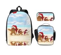 SDFCUMDM Sac d'école imprimé plage Merry Christmas + trousse + sac à déjeuner pour un usage quotidien, Noir , Taille unique