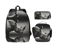 SDFCUMDM Sac d'école imprimé rhinocéros d'Afrique du Sud + trousse + sac à déjeuner pour un usage quotidien, Noir , Taille unique