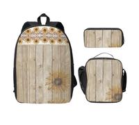 SDFCUMDM Sac d'école imprimé tournesols sur bois + trousse + sac à déjeuner pour un usage quotidien, Noir , Taille unique
