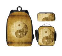 SDFCUMDM Sac d'école imprimé Yin Yang + trousse + sac à déjeuner pour un usage quotidien, Noir , Taille unique