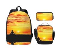 SDFCUMDM Sac d'école imprimé yoga méditation + trousse à crayons + sac à déjeuner combinaison pour un usage quotidien, Noir , Taille unique