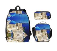 SDFCUMDM Santorini Sac d'école imprimé île grecque vue sur la mer + trousse + sac à déjeuner pour un usage quotidien, Noir , Taille unique