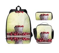 SDFCUMDM Seau plein de cerises imprimé cartable + trousse + sac à déjeuner combinaison pour un usage quotidien, Noir , Taille unique
