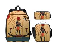 SDFCUMDM Sun Old Egyptien Timeless Grace Imprimer Cartable + Trousse + Sac à Déjeuner Combinaison pour un usage quotidien, Noir , Taille unique
