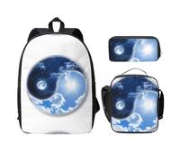 SDFCUMDM Yin Yang World Print Cartable + Trousse + Sac Déjeuner Combiné pour le Quotidien, Noir , Taille unique