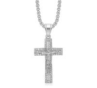 SDGBCXD Collier, Collier crucifix de Jésus inspiré par la Passion du Christ, serti diamants, en acier titane et orné d'une rose croix. Influence religieuse(Silver)
