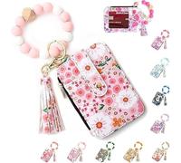 SDGBCXD Portefeuille de Perles, Portefeuille en Cuir imprimé, Porte-clés à Motif Floral, Bracelet Porte-clés, Unisexe(Light Pink)