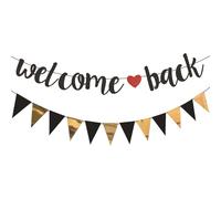 Sdhgerh Welcome Home Guirlande de bienvenue à la maison avec fanion noir doré à paillettes Bienvenue à la maison Bannière de décoration pour rentrée des classes, école, saison, famille, fête