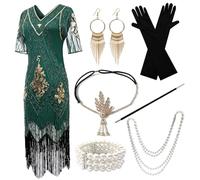 SDIUAKBV Robe à Franges Retro Stage Costume Sequin Beaded Dr Sexy Tassel Evening par Ball Gown Material Winter Collection pour Les Femmes(Green-Accessories Set 1,L)