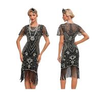 SDIUAKBV Robe à Franges Robe à Paillettes Vintage Style clapet, idéale for Un Cocktail, Une soirée, Mariage, Danse ou des Perles pour Les Femmes(Black Gold,L)