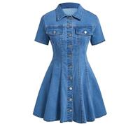 SDIUAKBV Robe en Jeans Robe Chemise en Jean for Femmes, Manches Courtes, col, Boutons sur Le Devant, Mini Robe évasée, Tenue décontractée, Quotidienne, Rendez-Vous pour Les Femmes(Light Blue,S)