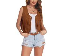 SDKZBFC Vestes en faux daim pour femmes avec pompons,Vintage avec style cow-boy ouvert sur le devant,Cardigan sans manches à rivets avec pompons
