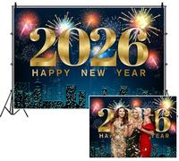 SDOTPMT 1.5x1m Célébration du Nouvel an Fond 2026 Scène Golden 3D Chiffres Feux d'artifice colorés Skyline de la Ville Photographie Fond Célébration Vacances Événement Portrait Photo Booth Prop