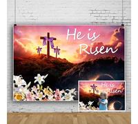 SDOTPMT 1.5x1m Il est ressuscité Backdrop Fond Photographique au Sommet d'une Montagne avec la Croix de résurrection de Jésus Ruban Violet Lumineux Fleurs au Lever du Soleil décopration de fête