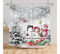 SDOTPMT 105x160cm Hiver Enneigé Paysage Rideau de Douche Mignon Bonhomme Neige Flocons Rideau de Bain Noël Cadeau Boîte Enneigé Arbre Branche Rideau de Baignoire pour Salle de Bain avec Crochets