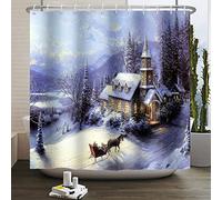 SDOTPMT 105x160cm Hiver Vacances Enneigé Paysage Rideau de Douche Campagne Château Flocons Pin Arbre Rideau de Bain Noël Thème Ferme Rideau de Baignoire pour Salle de Bain Polyester avec Crochets