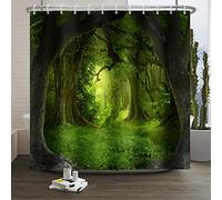 SDOTPMT 105x160cm Magie Forêt Rideau de Douche - Conte de Fée Fantasme Jungle Arbre Vert Plante Prairie - Naturel Paysage pour Salle de Bains - Polyester avec Crochets