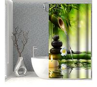 SDOTPMT 105x160cm Spa Bambou Rideau de Douche Vert Feuilles Bougies Eau Thérapie Floral Zen Méditation Basalte Pierres pour Salle Bains Polyester avec Crochets