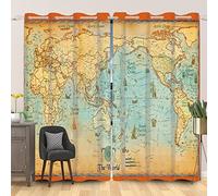 SDOTPMT 107x215cm Ancien Carte Mondiale Rideau de fenêtre Carte Éducatif Océan Continents Nautique Rideaux de fenêtre Touriste Géographie Carte Rideaux Opaques pour Salon Chambre, 2 Panneaux