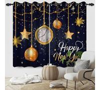 SDOTPMT 117x215cm Joyeuse Nouvelle année Rideau de fenêtre Ornements d'horloge d'or étoiles d'or Flocons de Neige festifs Rideaux isolés Thermiques pour Salon Rideaux d'assombrissement, 2 Panneaux