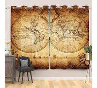 SDOTPMT 117x229cm Mappemonde Rideau de fenêtre Vieux Carte Historique Géographie Éducatif Rideaux de fenêtre Ancien Nostalgique Rideaux Opaques pour Salon Chambre Rideaux occultants, 2 Panneaux